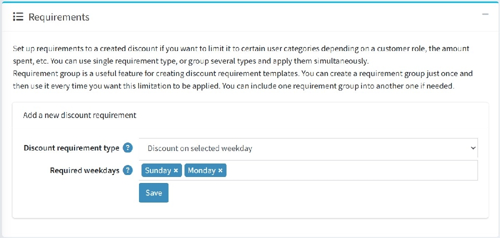 discount on selected weekdays requirement type